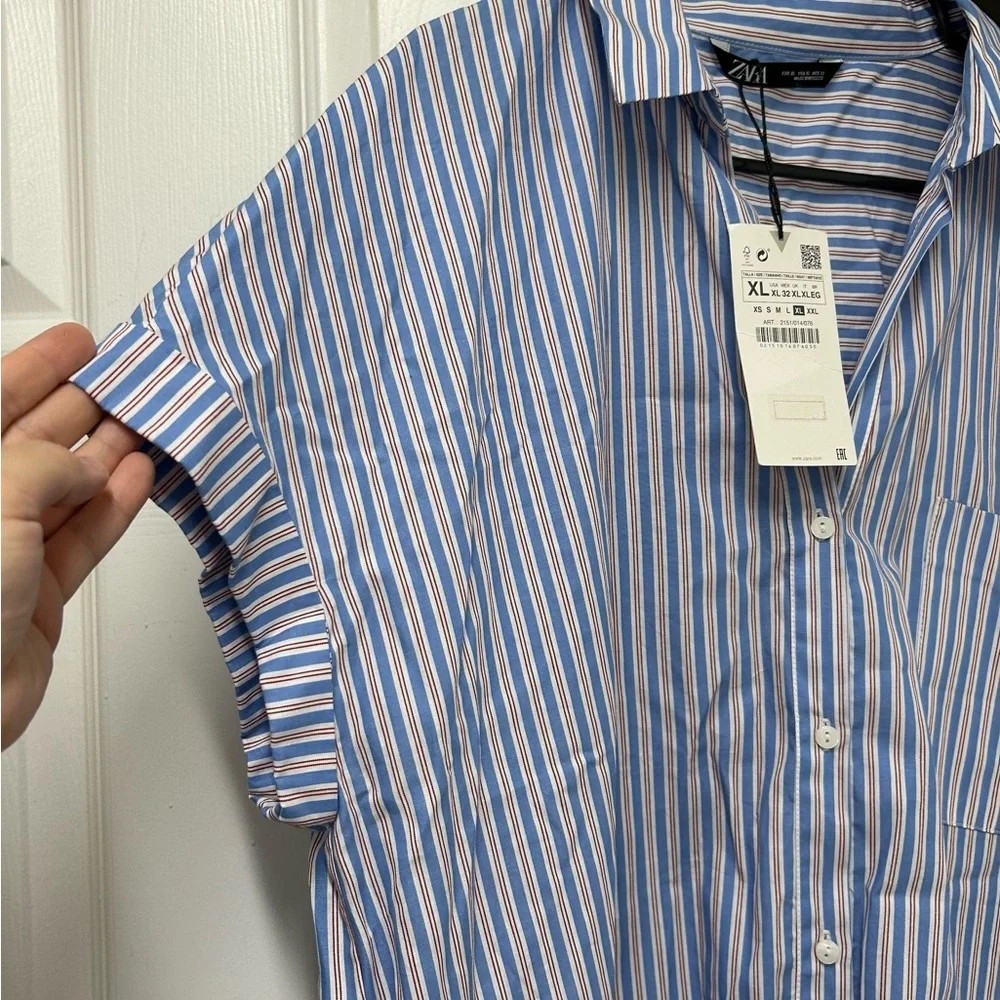NWT Zara Blue & White Striped Cotton Shirt Dress, Cap Sleeves – Size XL